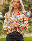 Apricot Ruffled Shoulder Long Sleeve Floral Blouse