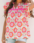 Floral Ric-Rac Ruffle Sleeve Blouse