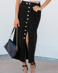 Emberlynn Button Fly Side Split High Waist Denim Midi Skirt