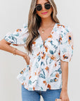 Salome Floral Puff Sleeve V Neck Babydoll Blouse