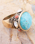 Champs Blue Turquoise and Coral Golden Statement Ring