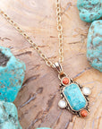 Champs Blue Turquoise and Orange Coral Golden Pendant Necklace