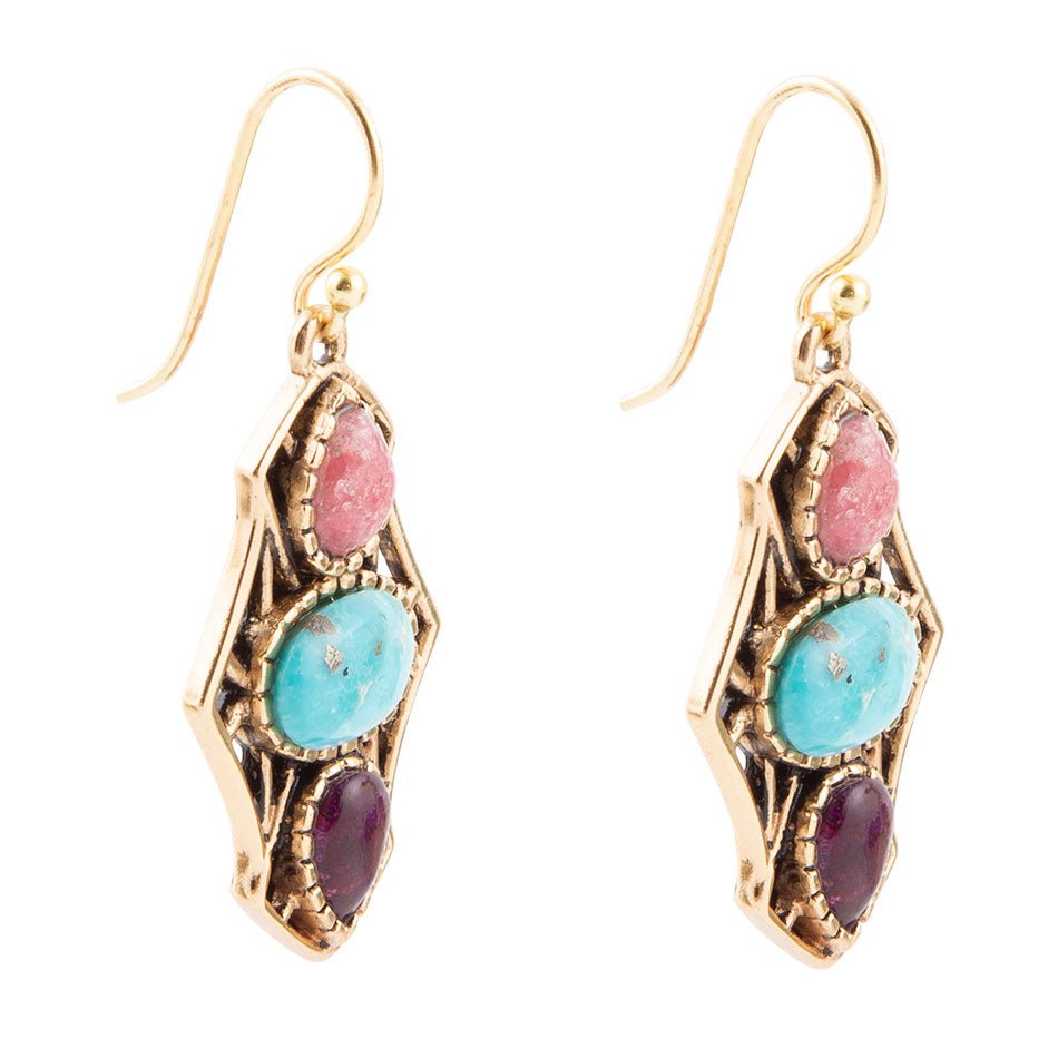 Colorful Turquoise and Rhodonite Triple Dot Golden Drop Earrings