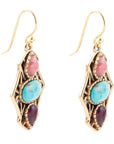 Colorful Turquoise and Rhodonite Triple Dot Golden Drop Earrings