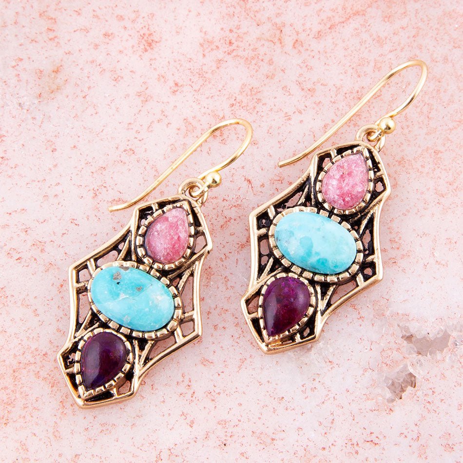 Colorful Turquoise and Rhodonite Triple Dot Golden Drop Earrings