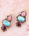 Colorful Turquoise and Rhodonite Triple Dot Golden Drop Earrings