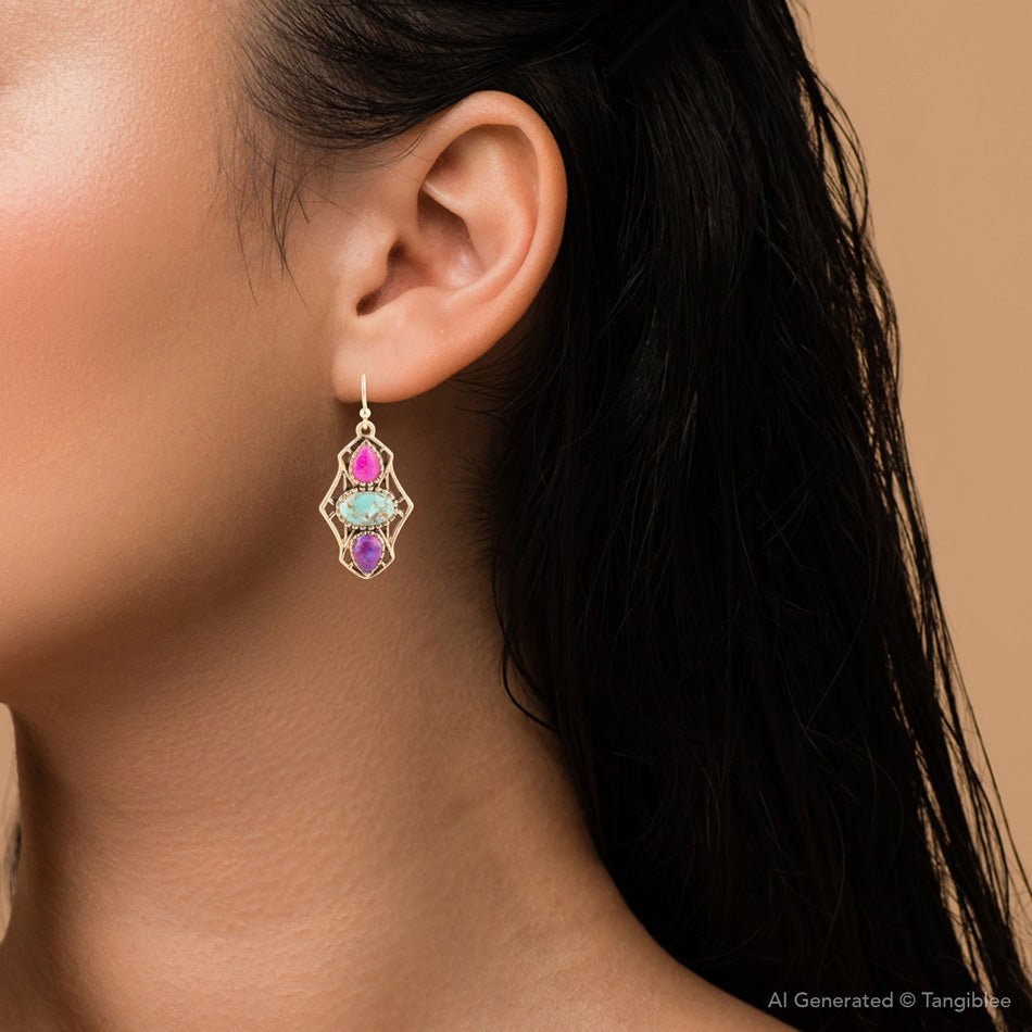 Colorful Turquoise and Rhodonite Triple Dot Golden Drop Earrings