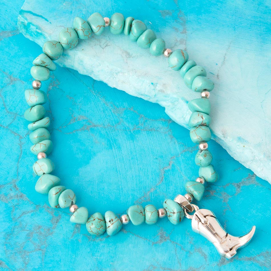 Cowgirl Up Blue Turquoise Sterling Silver Boot Charm Stretch Bracelet