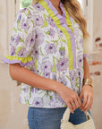 Floral Stripe Short Sleeve Peplum Blouse