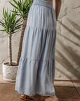 Denim Smocked Tiered Maxi Skirt