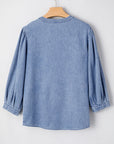 Solid Denim Pleated Bow Tie Puff Sleeve Top