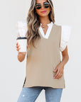 Serena Contrast V Neck Ruffled Textured Knit Top