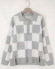 Plus Size Checker Buttoned Polo Collar Sweater