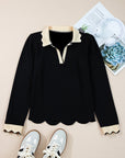 Colorblock Scallop Trim Long Sleeve Collared Top