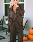 Brooke Ribbed Knit Collared Henley Top and Pants Lounge Outfit