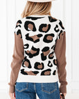 Leopard Colorblock Drop Shoulder V-Neck Sweater