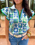 Floral Colorblock Flutter Sleeve Blouse