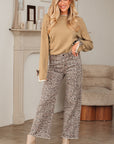 Leopard Bow Split Cuff Contrast Trim Sweater