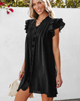 Pearl Ruffle Sleeve V Neck Frilled Shift Dress