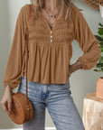 Solid Smocked Split V-Neck Buttoned Blouse