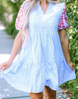 Kori Stripe Contrast Floral Puff Sleeve Tiered Ruffle Dress