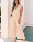 Textured Buttoned Wide Leg Sleeveless Jumpsuit