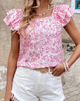 Floral Bow Back Ruffle Sleeve Blouse