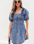 Celia Square Neck Bustier Puff Sleeve Short Denim Dress