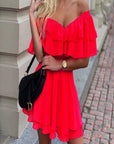 Chiffon Off The Shoulder Ruffle Layered Shirred Nimi Dress