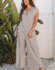 Paisley Checkered Buttoned Crew Neck Wide Leg Jumpsuit