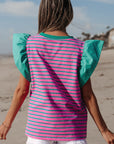 Adrianna Stripe Ruffled Sleeve Crew Neck Blouse