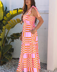 Elyse Boho Gingham Tied Straps Smocked Maxi Dress