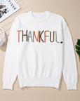 Thankful Embroidered Ribbed Trim Thanksgiving Sweater
