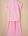 Textured Ruffle Sleeve Zipped Top and Wide Leg Pants Set