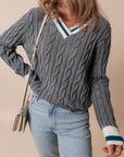 Kayle Ribbed Edge Cable Knit V Neck Sweater
