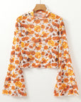 Floral Bell Sleeve Mock Neck Blouse