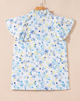 Floral Frilled Notched V-Neck Blouse