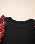 Plaid Patchwork Pearl Ruffle Sleeve T-Shirt