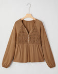 Solid Smocked Split V-Neck Buttoned Blouse