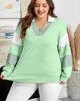 Moonlight Jade Color Block Striped Patchwork Collar V Neck Plus Size Sweatshirt