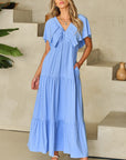 Kelsey Textured Flutter Sleeve Ruffled Maxi Dress