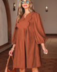 Corduroy Pleated Scallop Neck 3/4 Sleeve Mini Dress