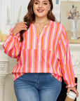 Plus Size Stripe Crinkled Half-Button V-Neck Blouse
