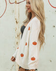 Pumpkin Embroidered Open Front Drop Shoulder Cardigan