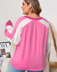 Bonbon Lace Striped Patchwork Long Sleeve Corded V Neck Plus Size Top