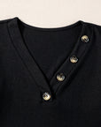 Solid Ribbed Button V-Neck Top