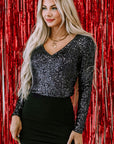 Gia Sequin V Neck Zipped Long Sleeve Bodysuit