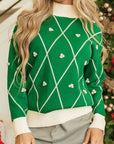 Christmas Geometric Diamond Pom Long Sleeve Sweater