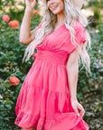 Nora Ruched Sleeve V Neck Smock Waist Tiered Ruffled Dress