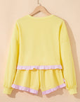 Ruffle Trim Patchwork Pullover and Shorts Set